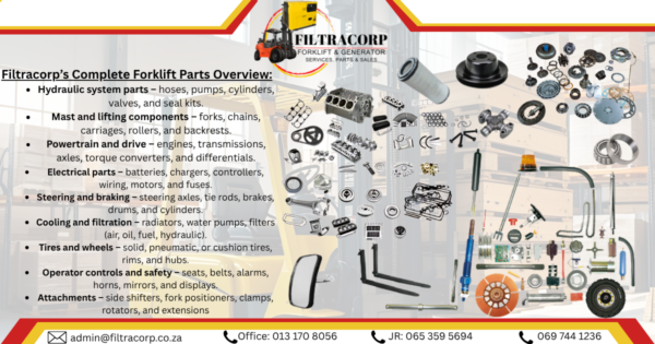 Hydraulic system parts – hoses, pumps, cylinders, valves, and seal kits. Mast and lifting components – forks, chains, carriages, rollers, and backrests. Powertrain and drive – engines, transmissio
